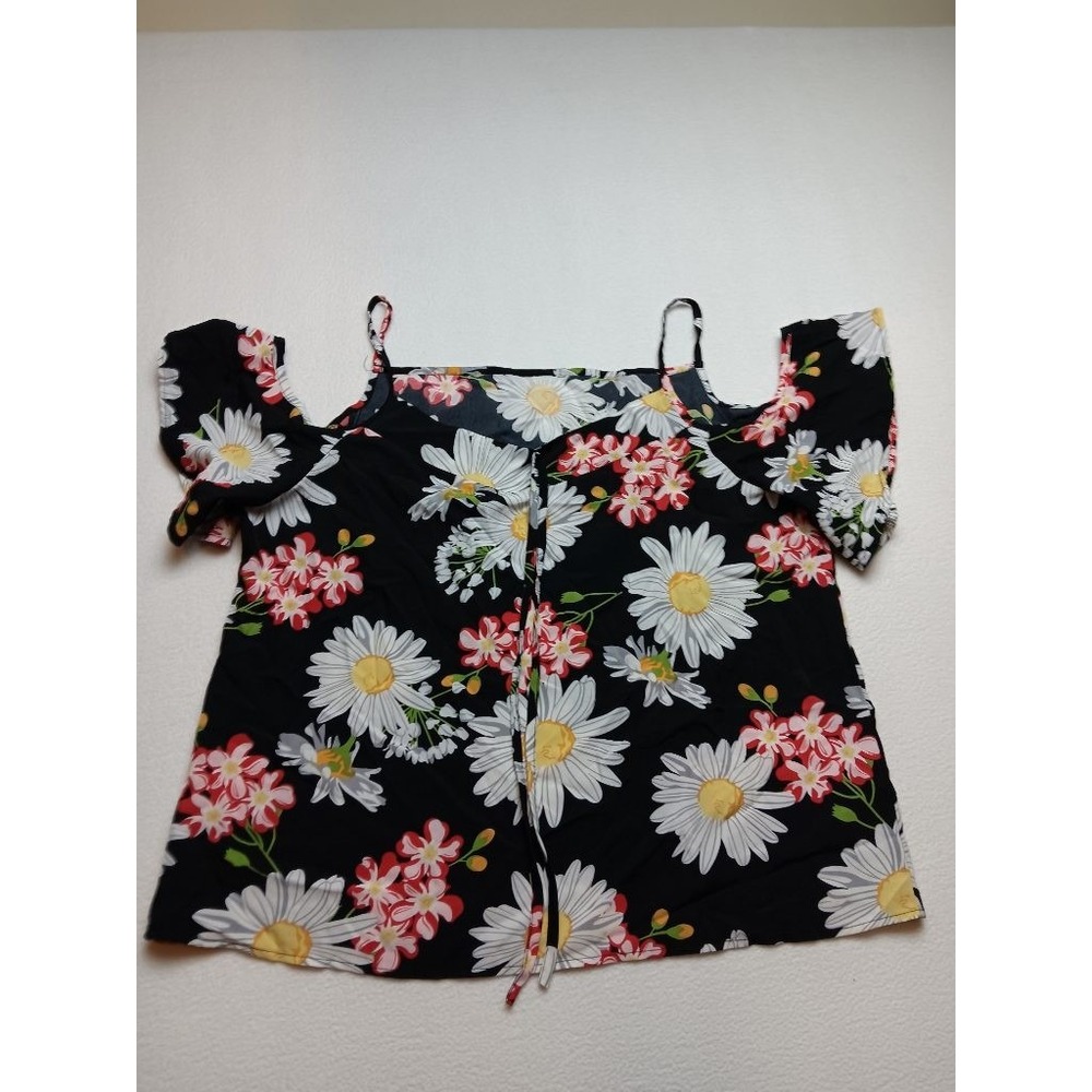 SHEIN 1XL Black Floral Daisy Cold Shoulder Top Ruffle Spaghetti Strap Boho